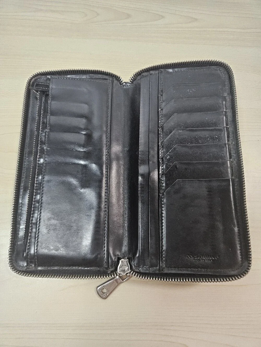 DOLCE & GABBANA Italian Leather Long Wallet Black Zippered Bifold
